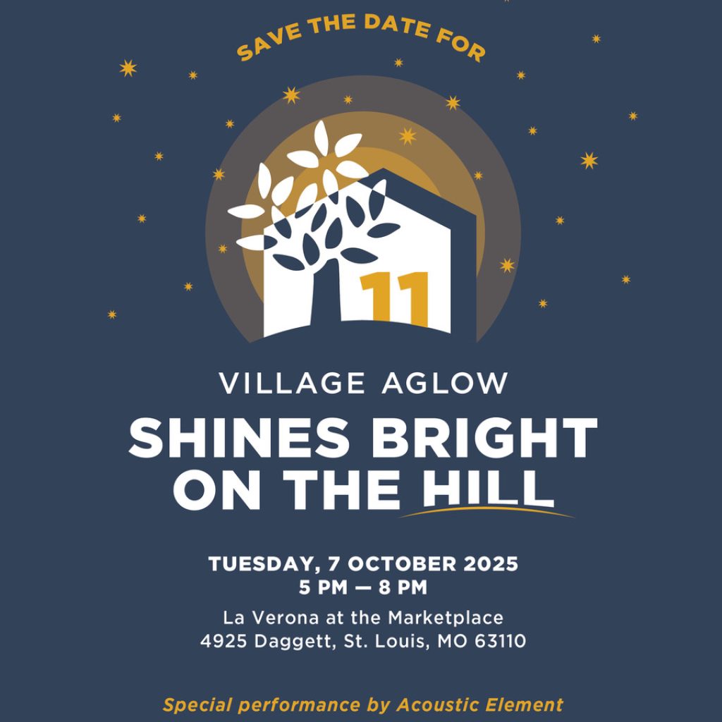 Flyer for STL Village’s Village Aglow 2025 event, October 7, 2025 at La Verona, St. Louis.